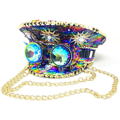 RAVE Captain Style Luxury Women Rhinestone Sequin Top Hat With Goggle For Christmas Costume Cosplay