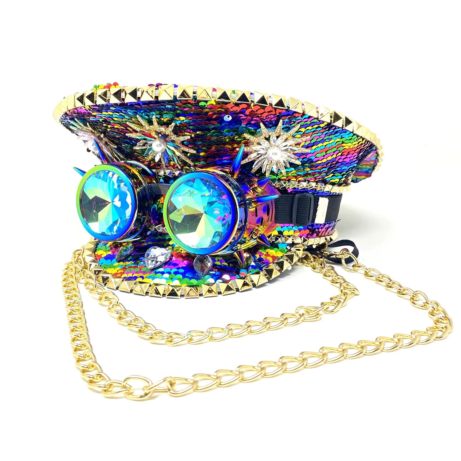 RAVE Captain Style Luxury Women Rhinestone Sequin Top Hat With Goggle For Christmas Costume Cosplay