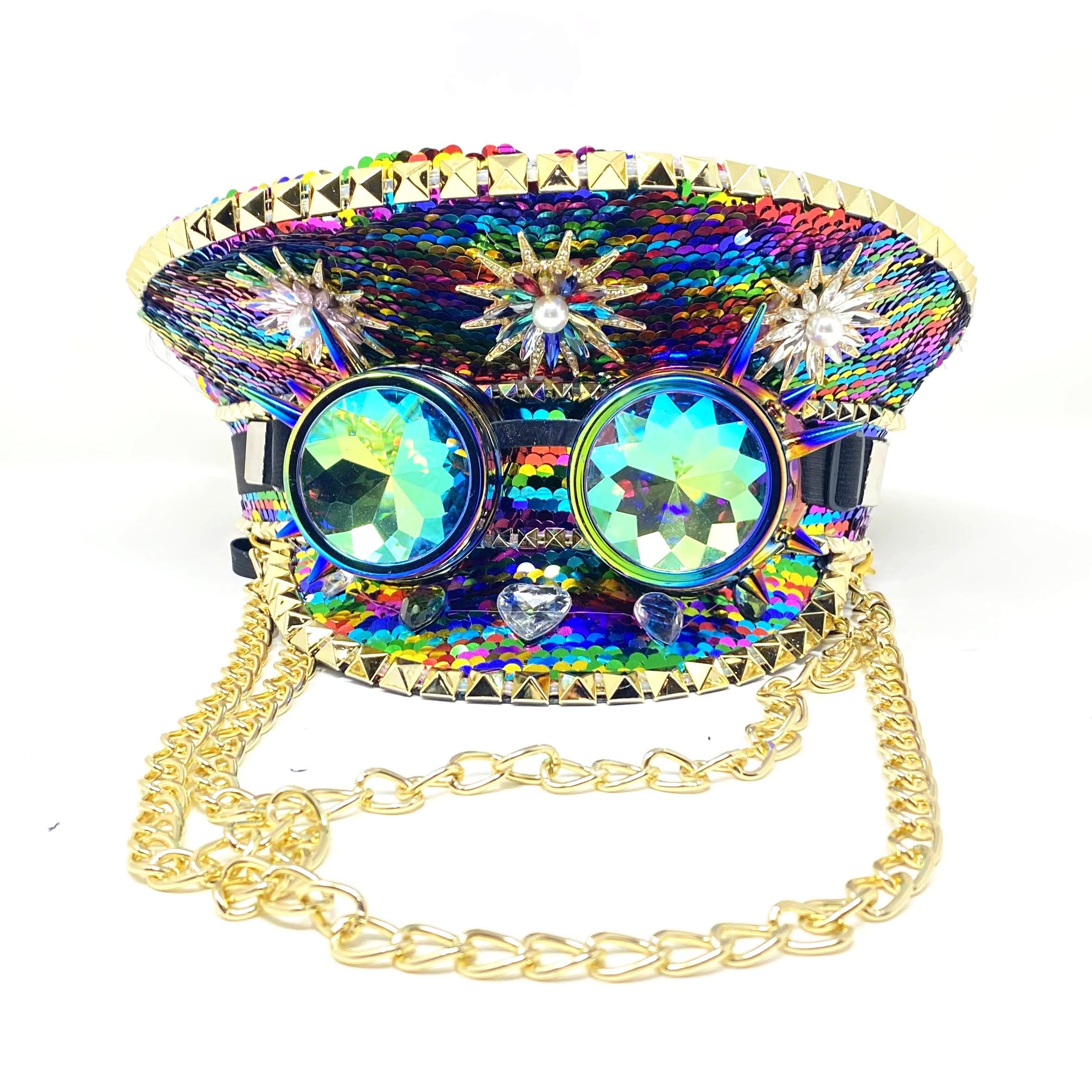 RAVE Captain Style Luxury Women Rhinestone Sequin Top Hat With Goggle For Christmas Costume Cosplay