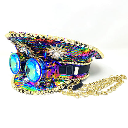 RAVE Captain Style Luxury Women Rhinestone Sequin Top Hat With Goggle For Christmas Costume Cosplay