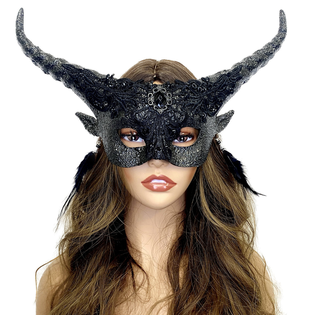 women black metallic Devil goat horn masquerade mask for Halloween