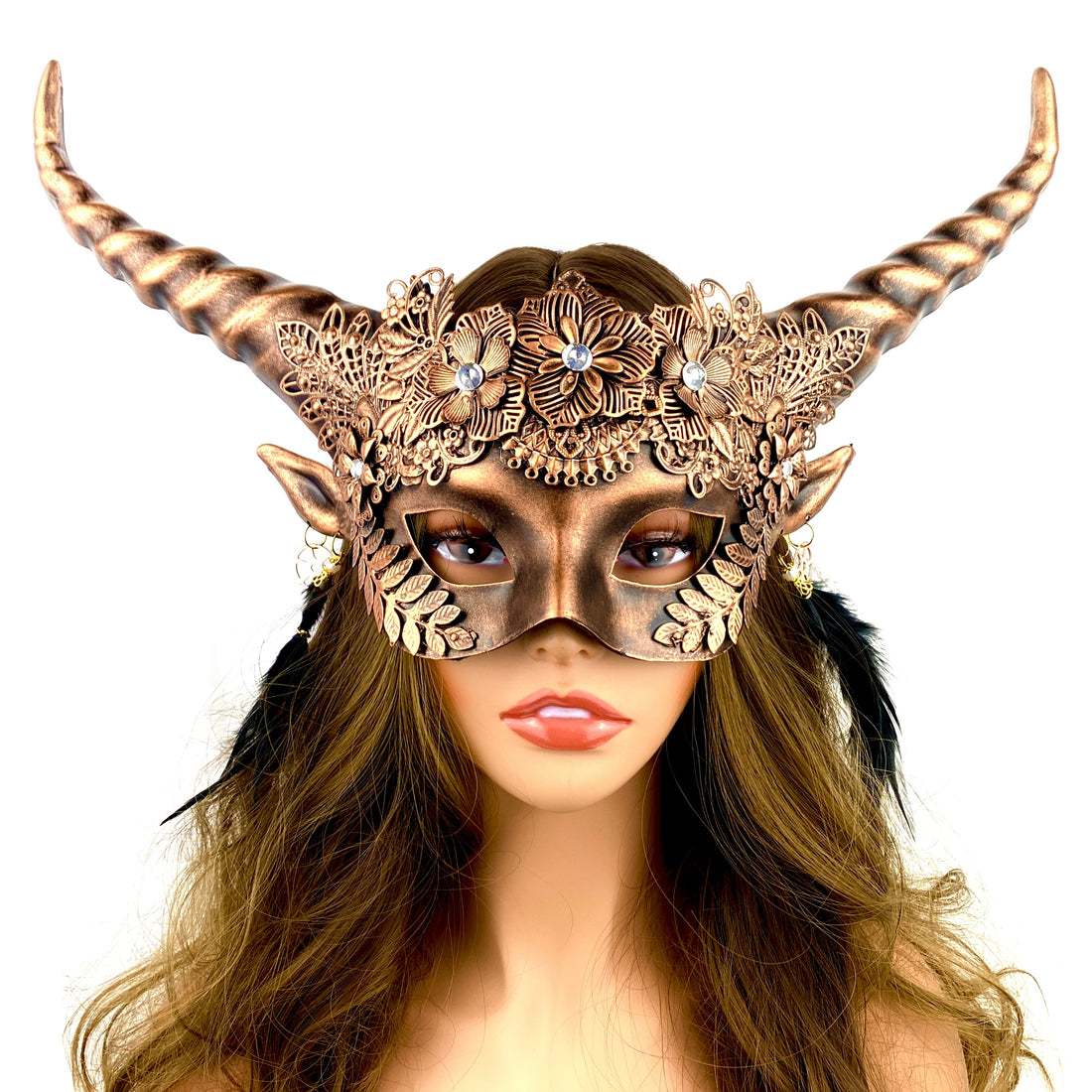 women copper metallic Devil goat horn masquerade mask for Halloween
