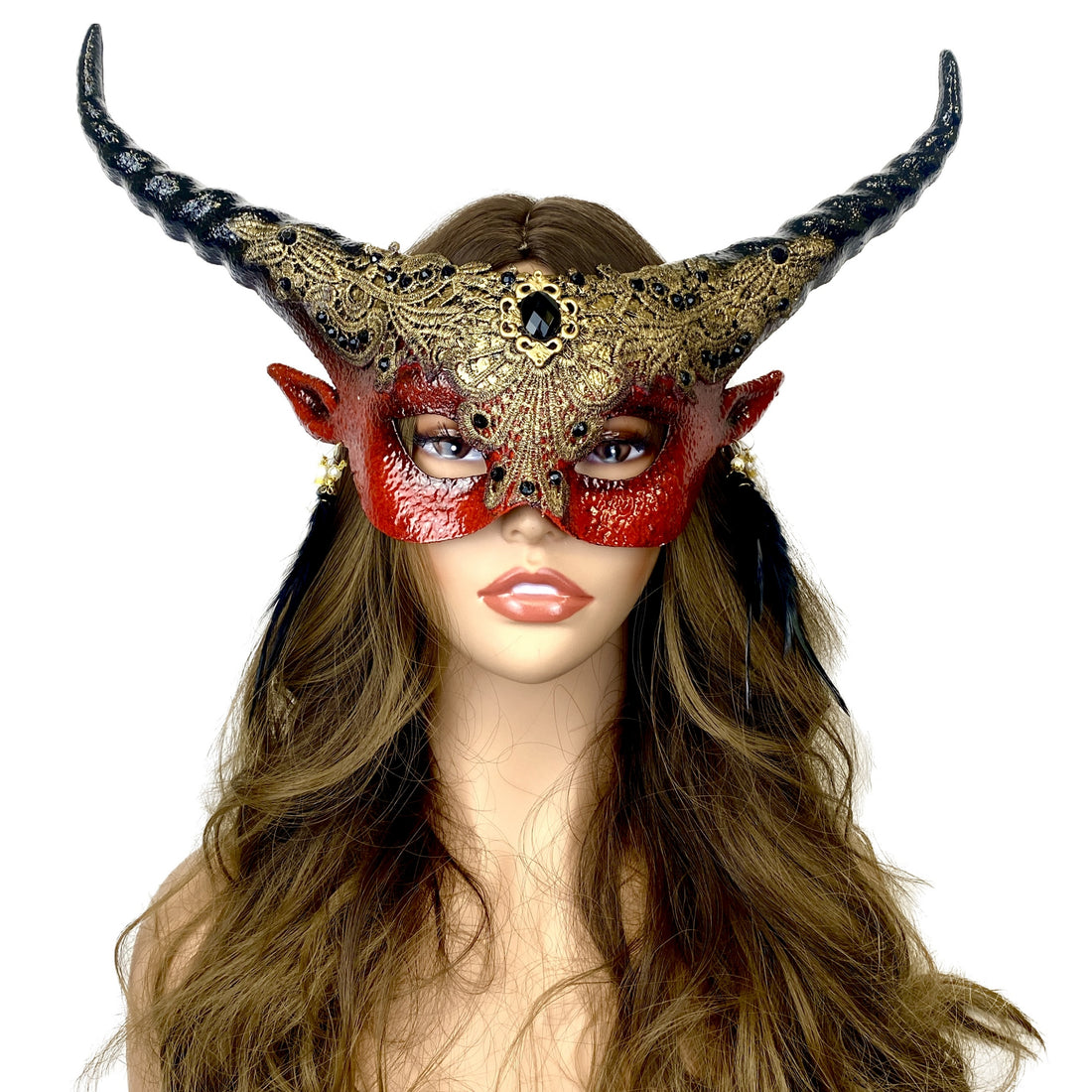 women red metallic Devil goat horn masquerade mask for Halloween