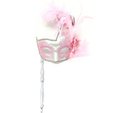 Women Costume Venetian Feather Masquerade Mask With Stick, For Party, Halloween, Christmas